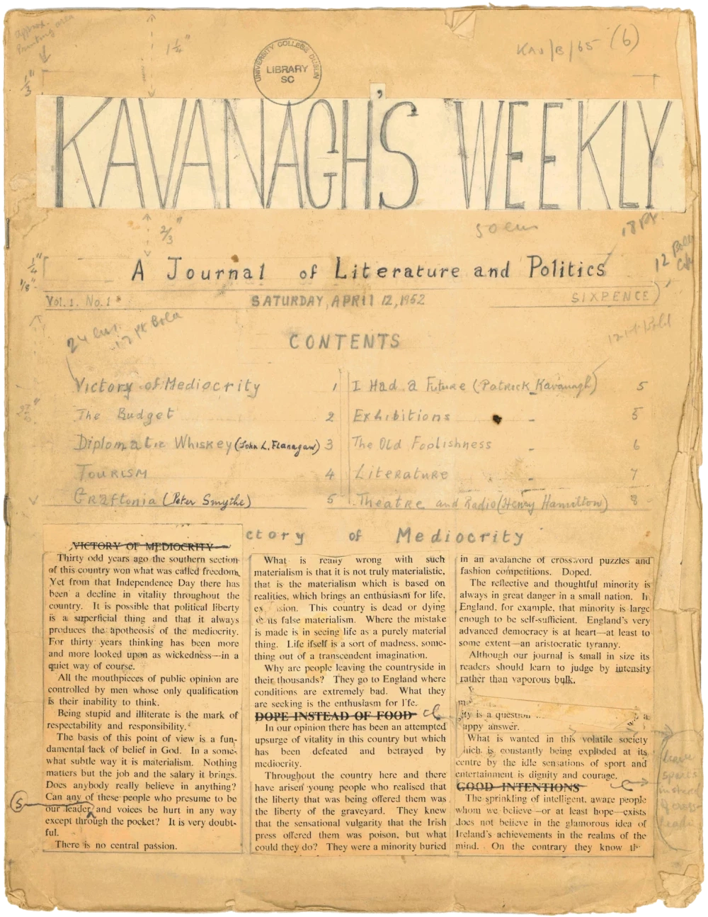 A mockup of Kavanagh's Weekly for the 12 April 1952 edition.