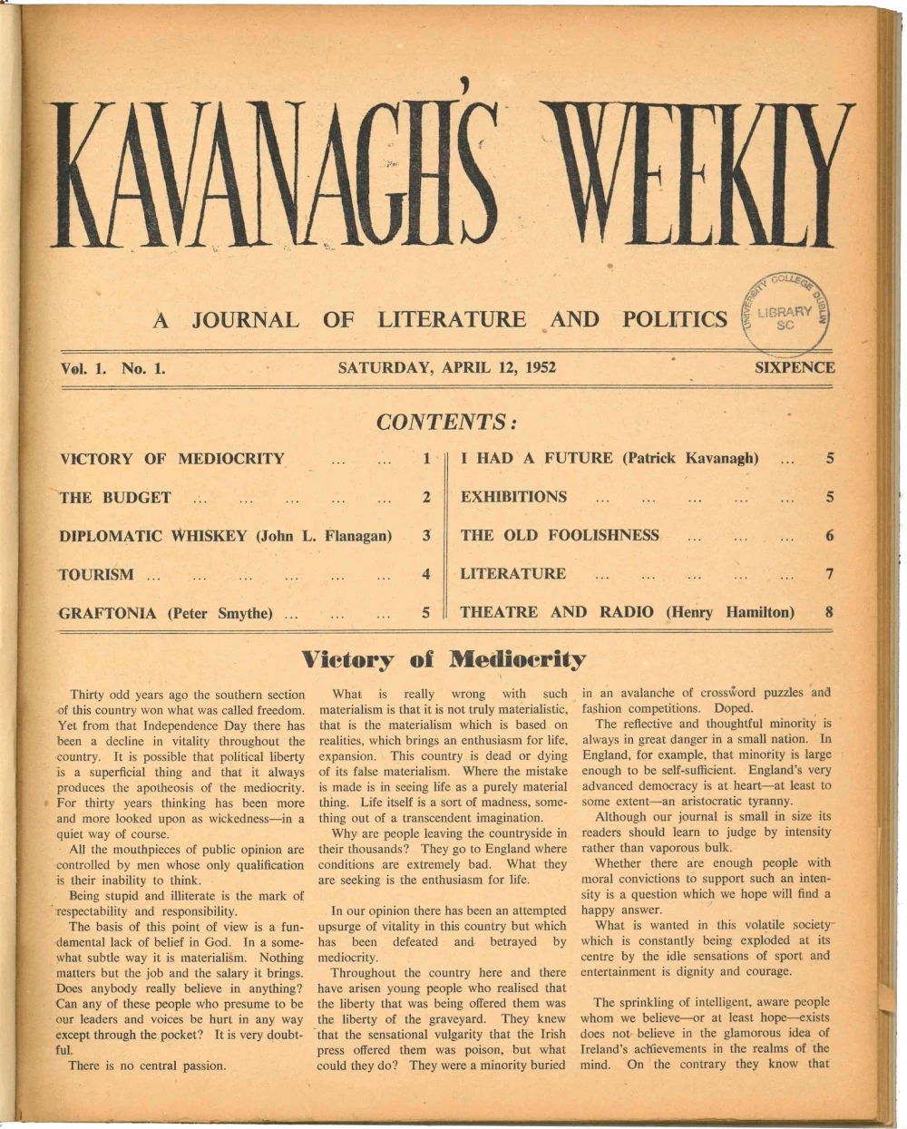 The first page from Kavanagh's Weekly, published 12 April 1952.